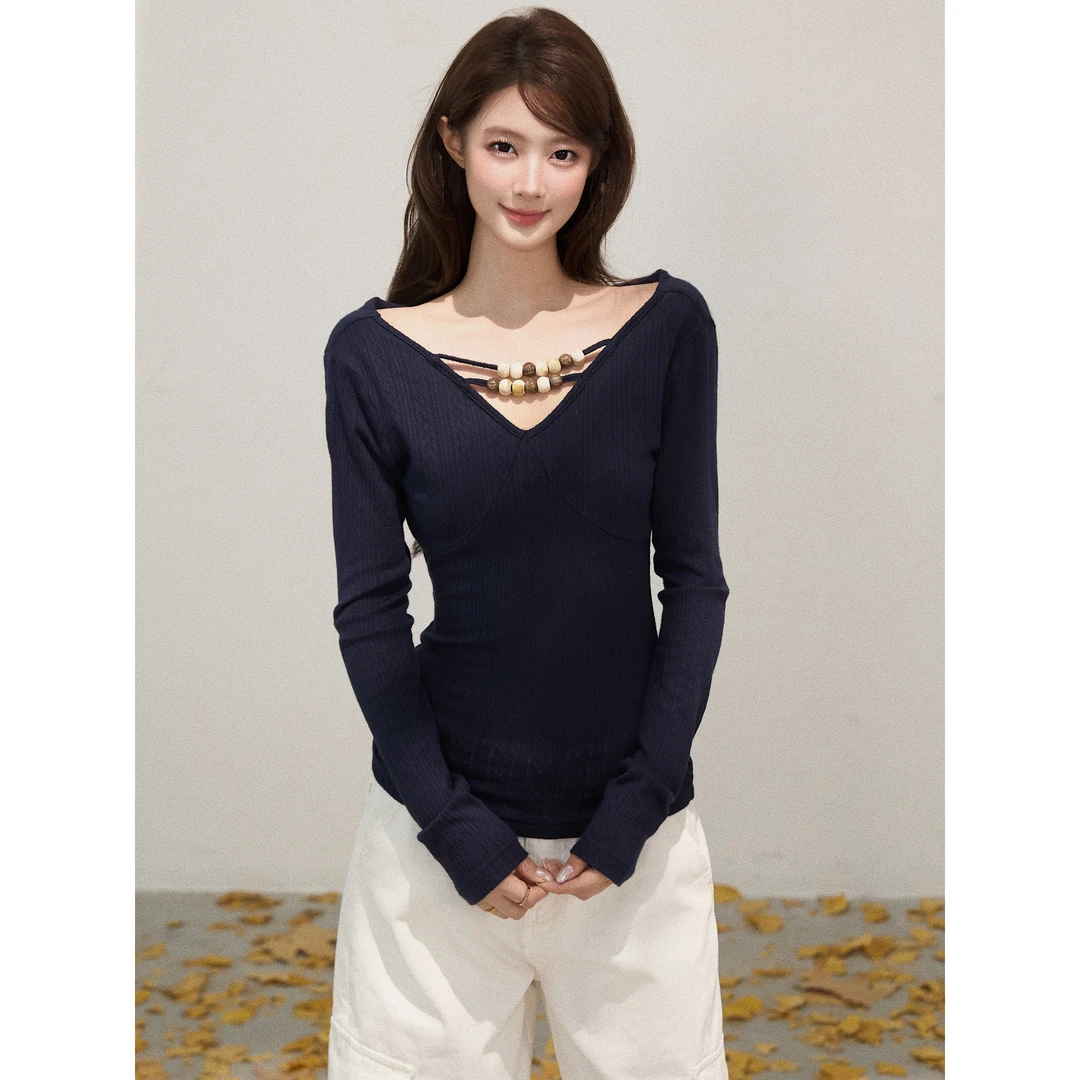 谢不肉 串珠正反两穿长袖针织衫女秋季休闲百搭修身打底上衣50541