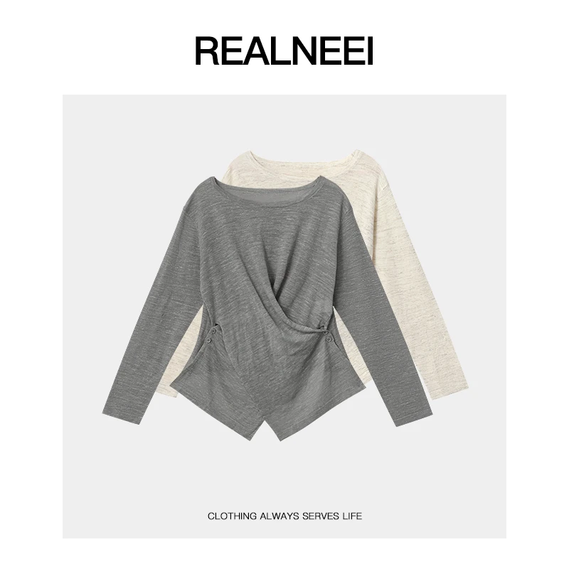 REALNEEI【未来密码】亚麻不规则开叉长袖薄款极简褶皱上衣NTW25