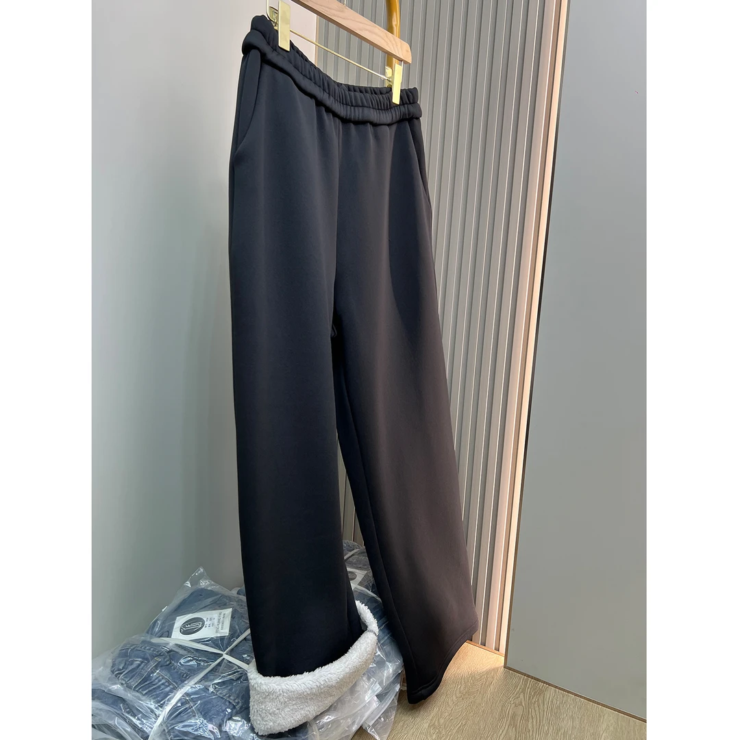 特大码女装冬季黑色不沾灰羊羔保暖长裤260斤胖MM加厚阔腿裤3346