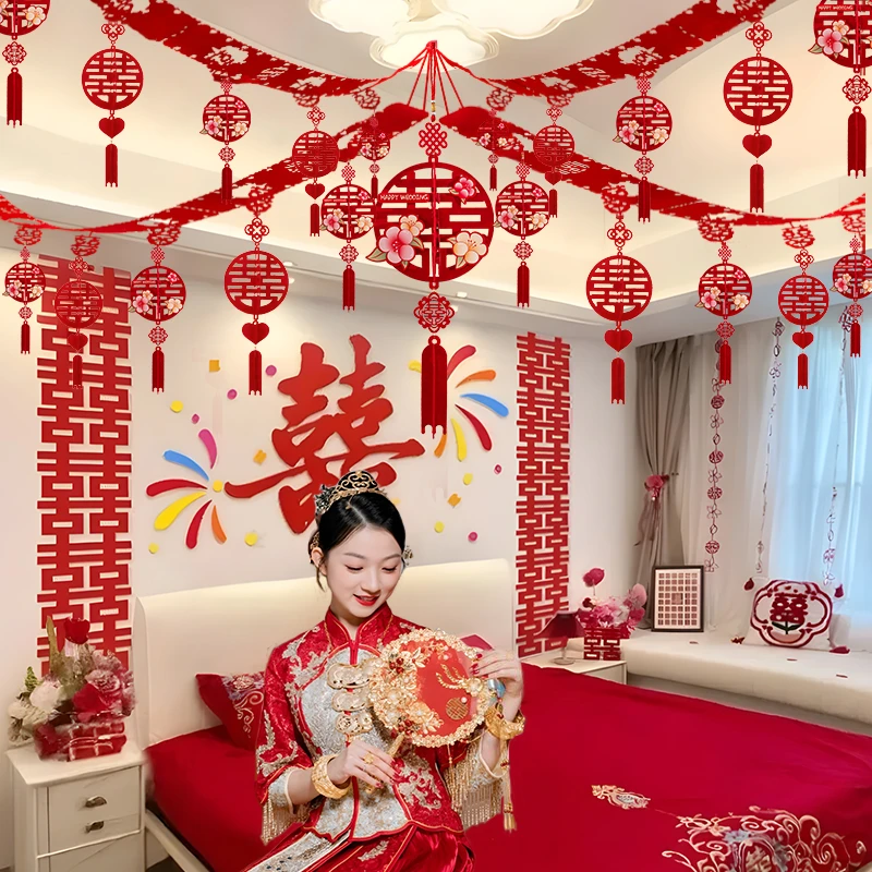 结婚礼卧室床头喜字背景墙装饰男女方婚房吊顶拉花氛围感全套布置