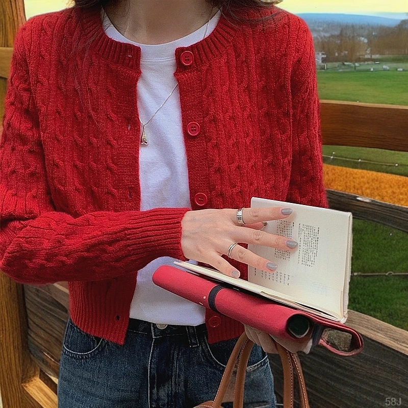 开衫上衣针织衫麻花本命年外套女春秋小个子洋气毛衣韩版针织新年