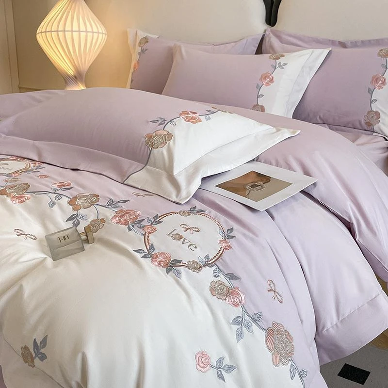 2025新款亲肤棉刺绣四件套春夏季小清新花卉被套床单卧室床上用品