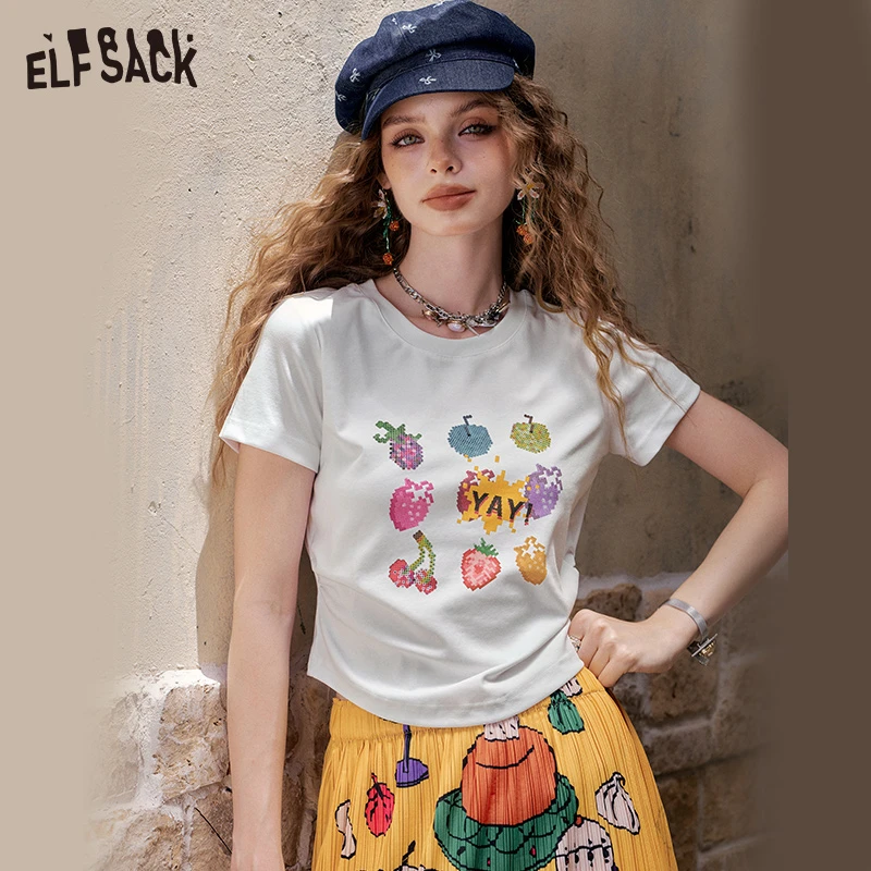 5308【金拐子】妖精的口袋白色水果印花抽褶正肩短袖t恤女2025年