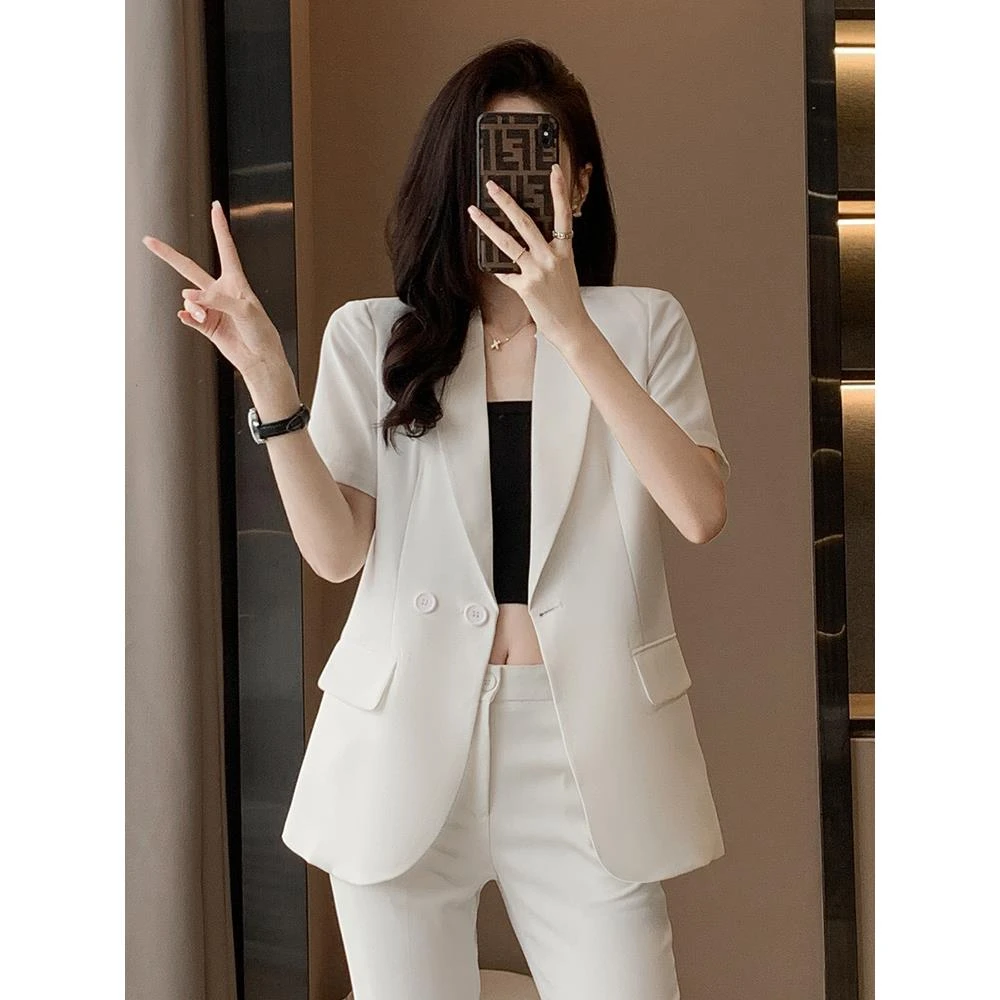 白色西装外套女夏季新款高端职业套装气质工作服夏天短袖西服套装