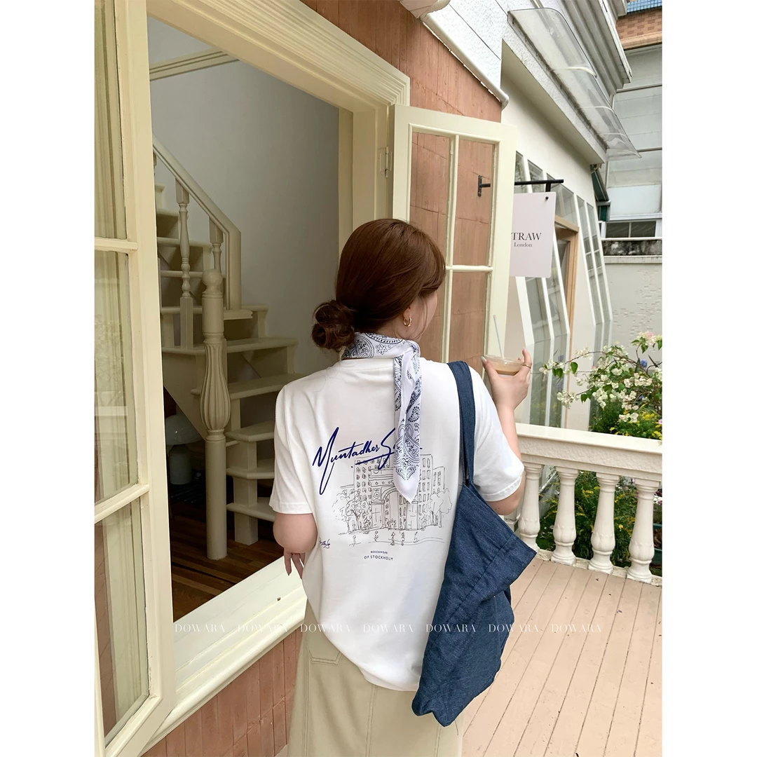 现货大婉酱微胖定制前后印花短袖t恤女夏季2025新款短袖上衣7629D