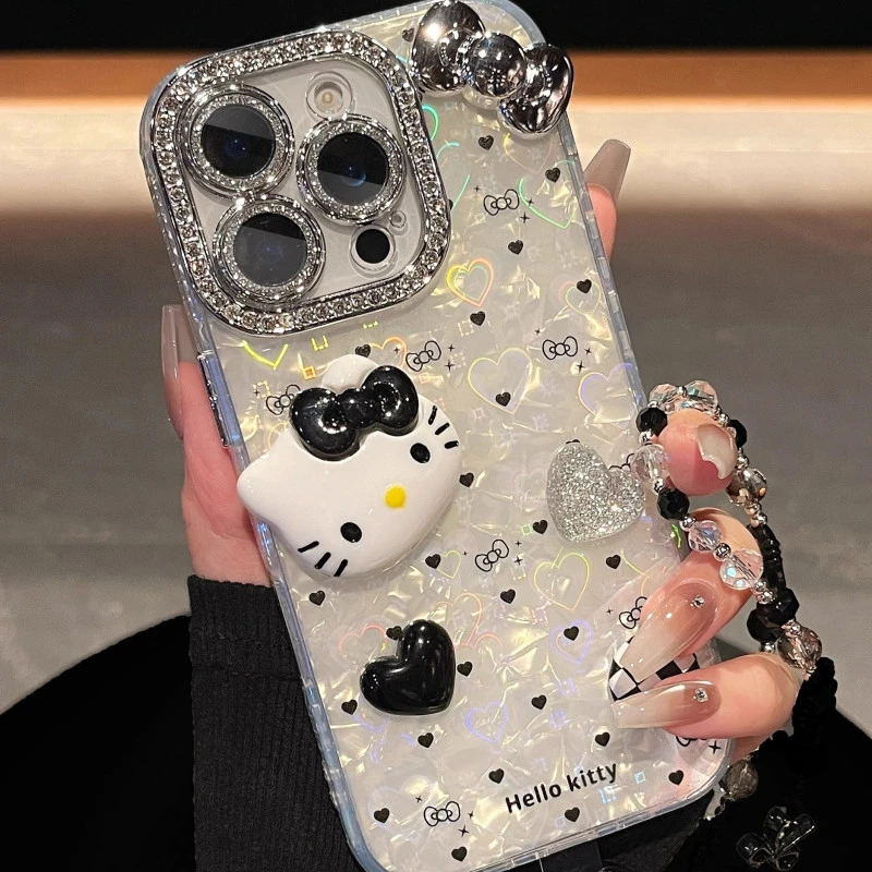 黑色爱心立体kt猫蝴蝶结适用iPhone16promax苹果15手机壳14女款13