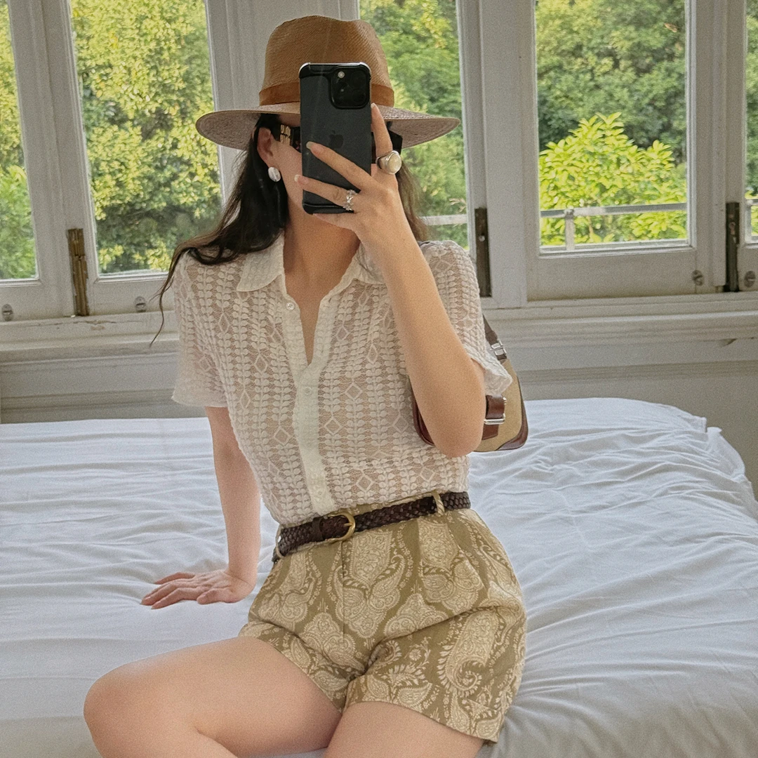 TOPCLOSET 法式松弛感 南法风情复古重磅肌理感蕾丝白色短袖7361