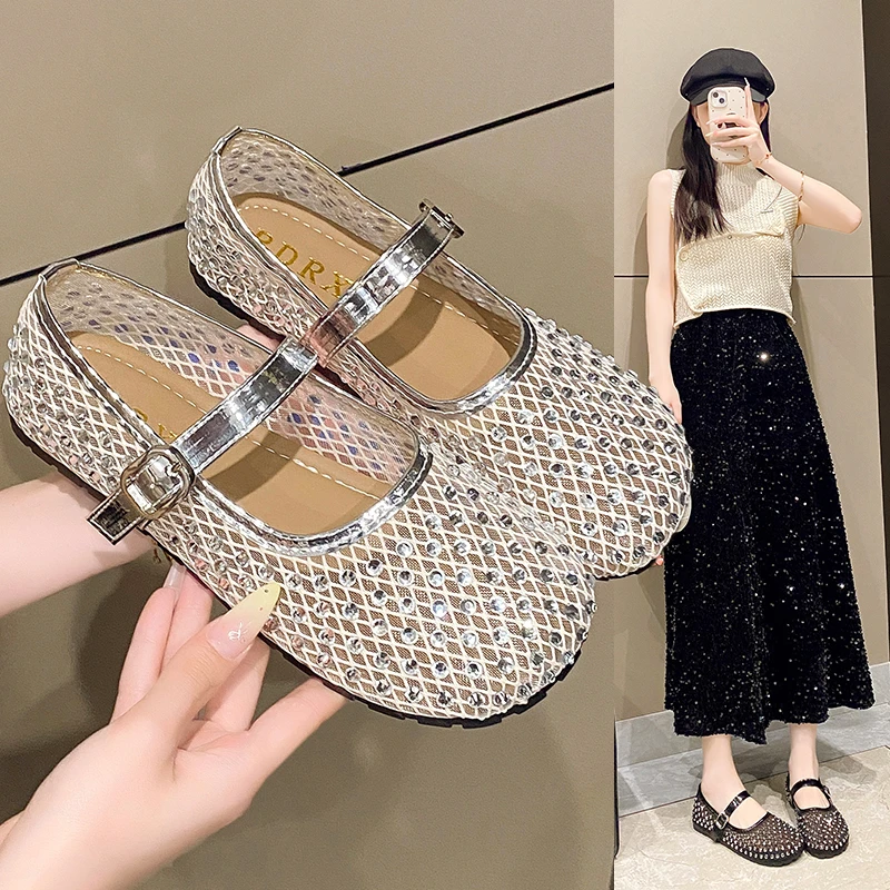 欧洲站2025春夏新款水钻网面镂空凉鞋洋气时尚玛丽珍鞋女平底单鞋