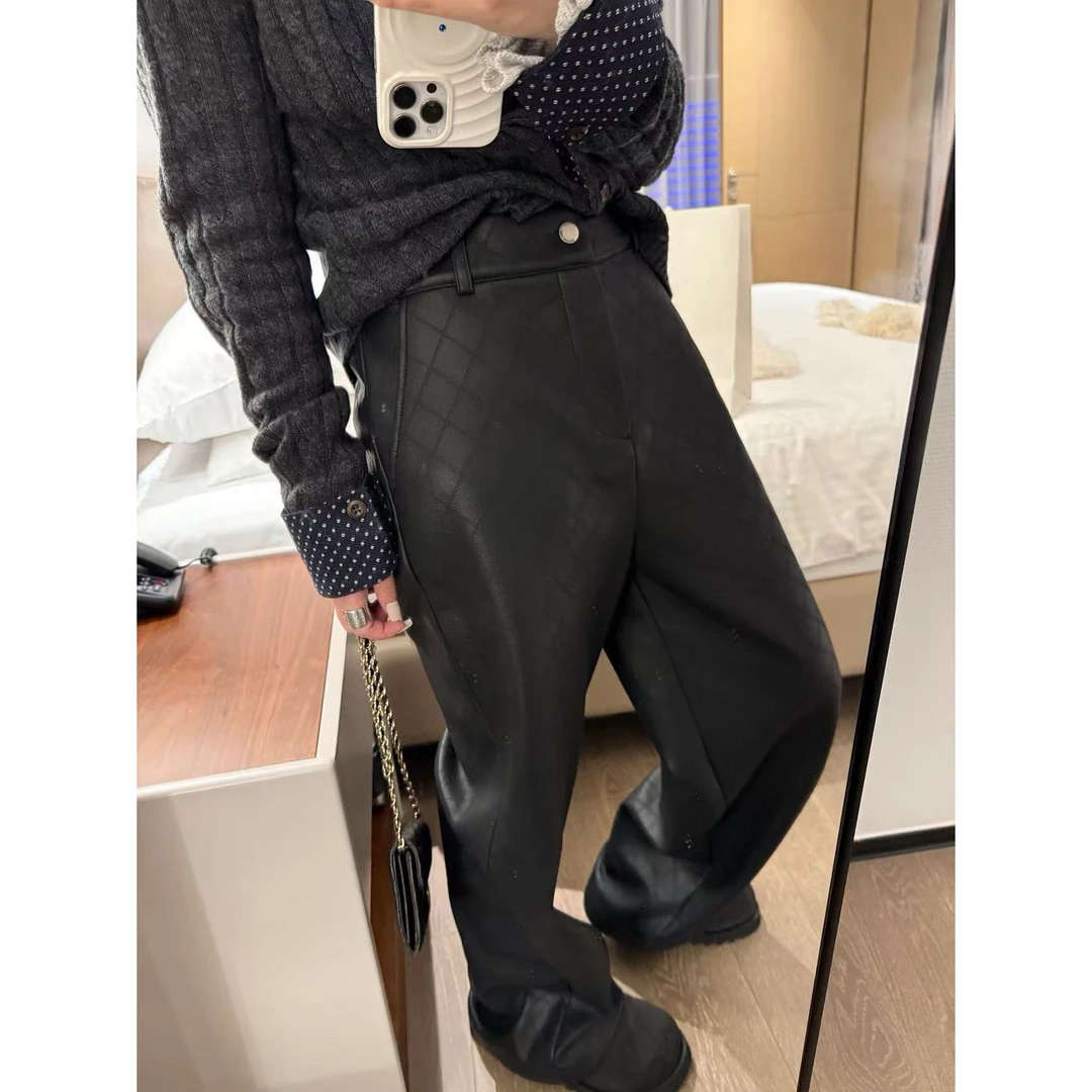 SP【时髦博主】菱格皮长裤女冬季加绒复古黑色高腰阔腿直筒休闲裤