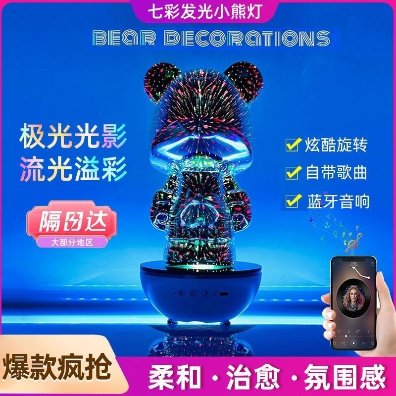 网红暴力熊蓝牙音箱360旋转七彩发光小熊灯烟花氛围灯卧室床头灯