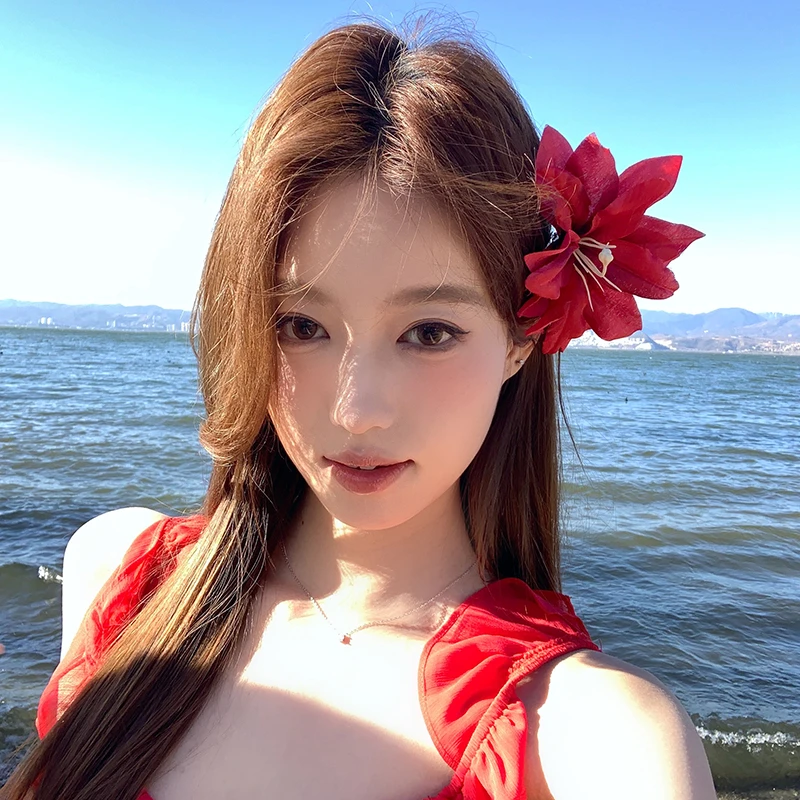 超仙气海边度假风红色花朵发夹女新款新中式侧边夹发卡头饰发饰