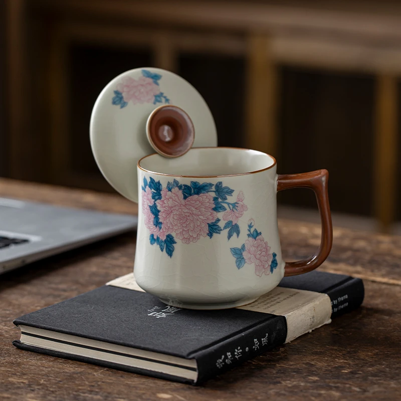 汝窑芙蓉花陶瓷水杯办公杯马克杯带盖家用茶杯大容量定制伴手礼物