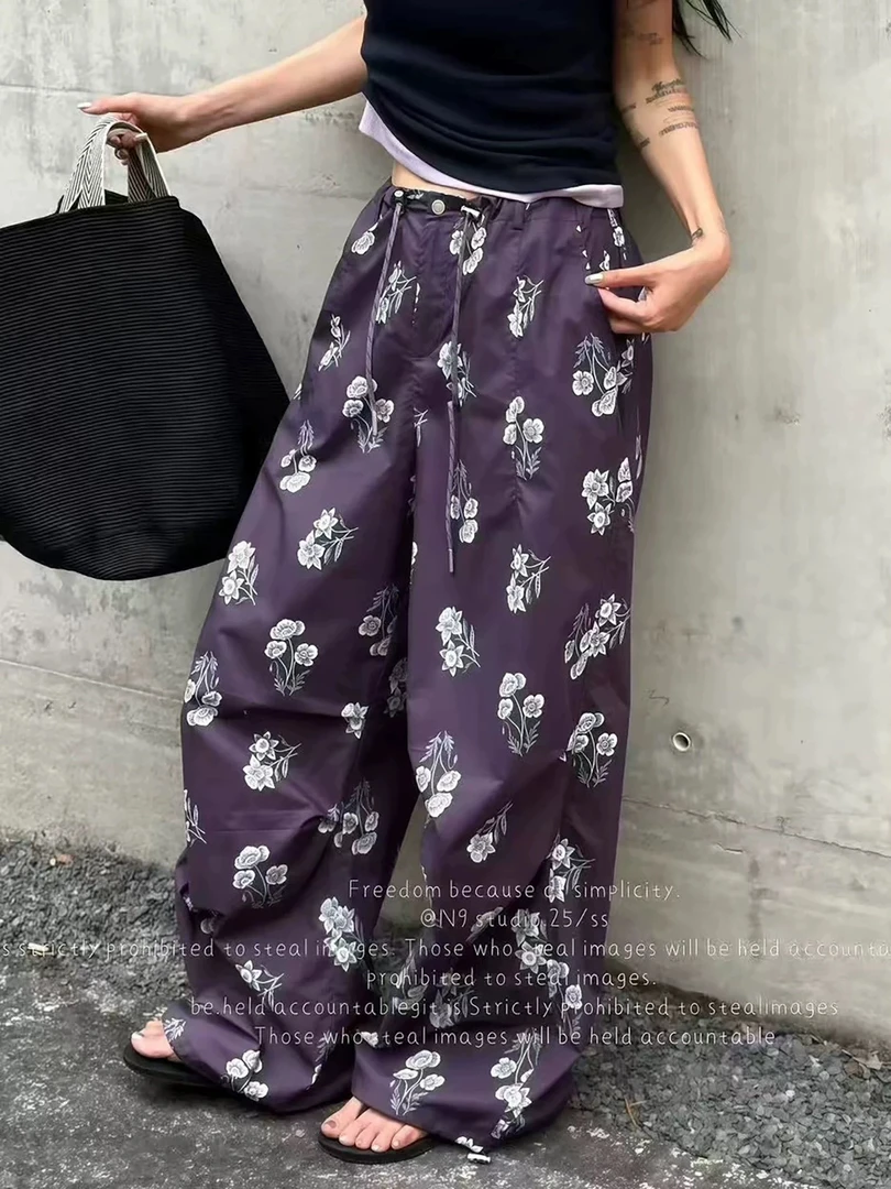 夏季新款花卉紫色休闲长裤复古直筒印花阔腿裤女薄料舒适993368