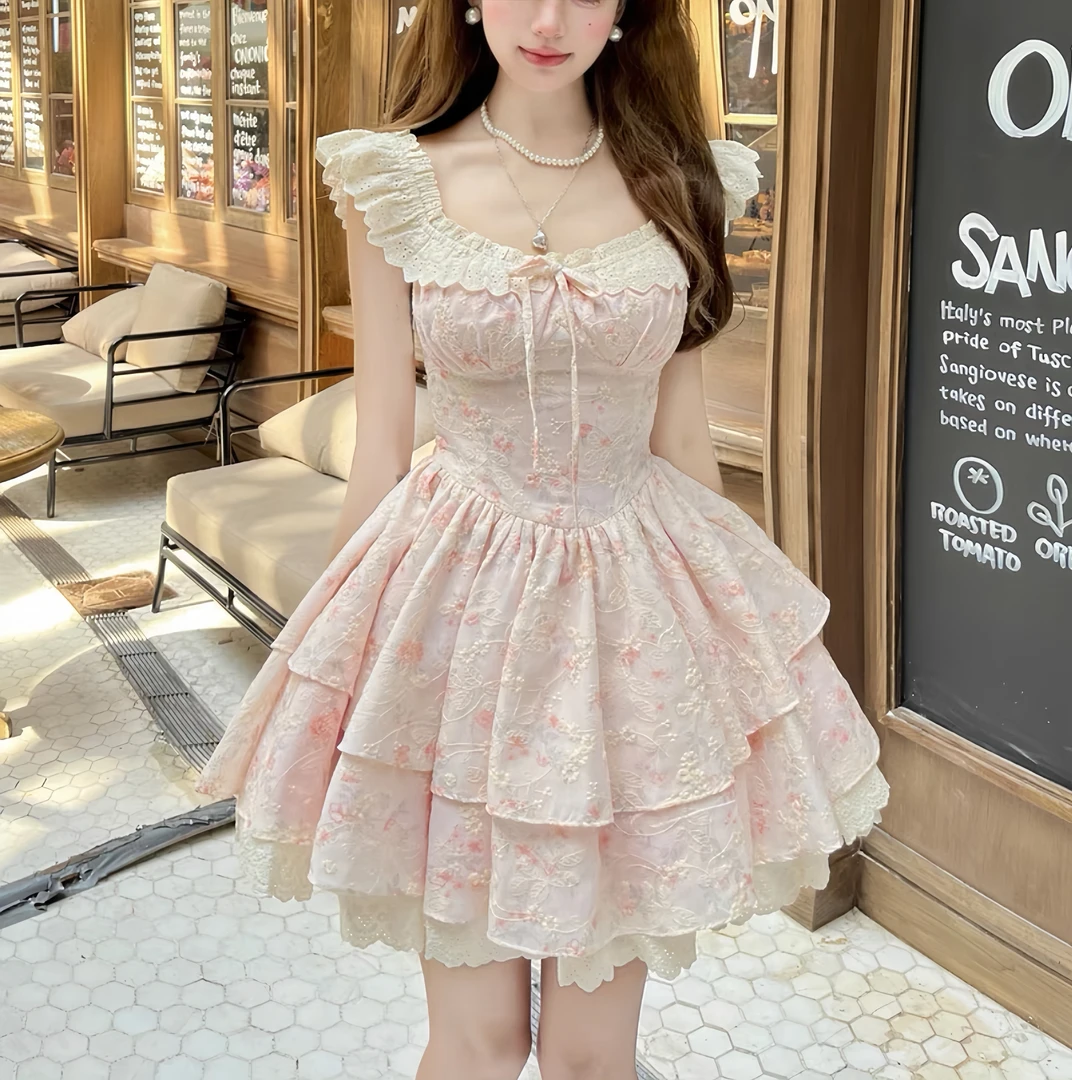 「樱织花翎」甜美小飞袖温柔碎花夏季纯欲风少女显瘦约会辣妹连衣裙