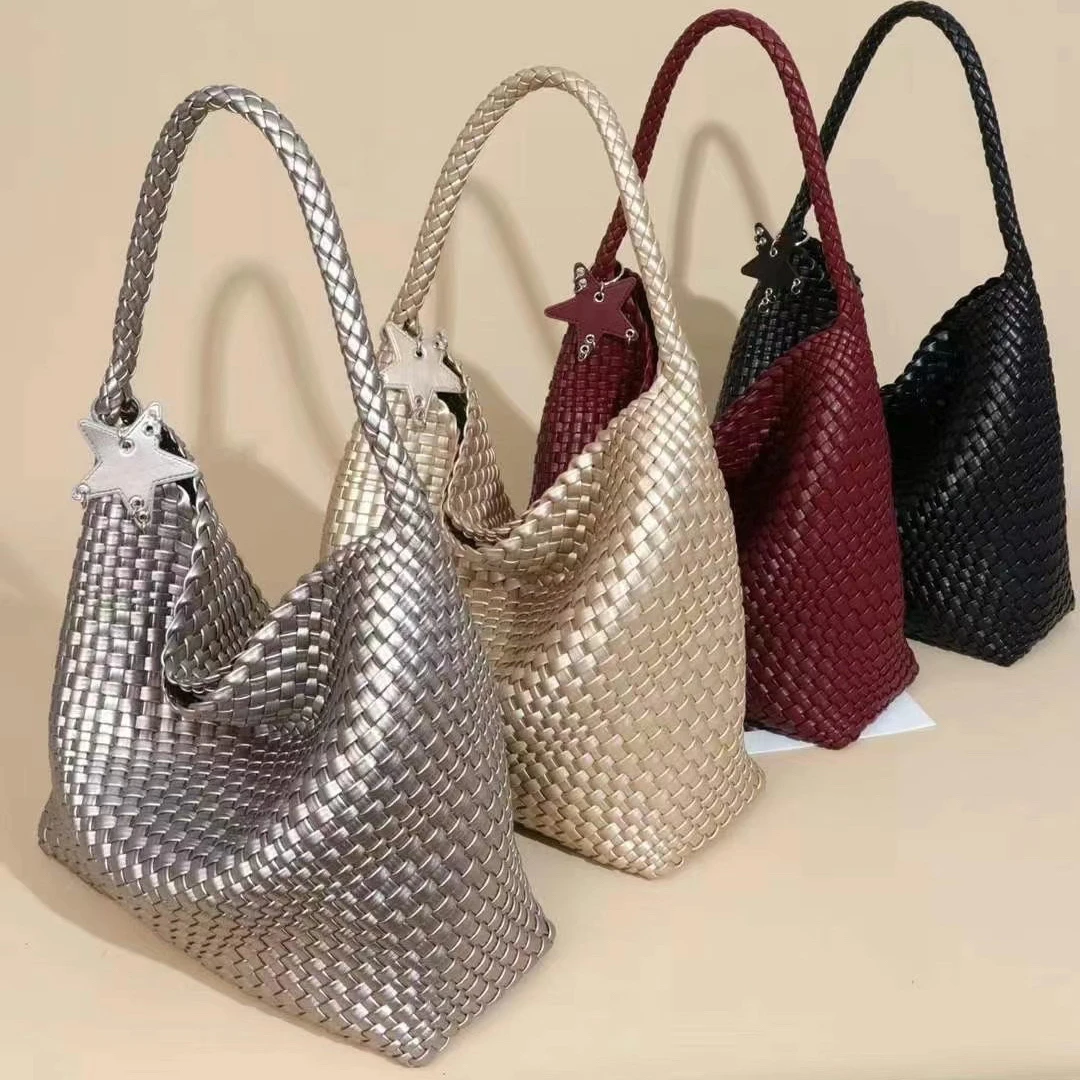 春夏香槟色编织托特包大容量通勤手提单肩包女时尚小众简约百搭