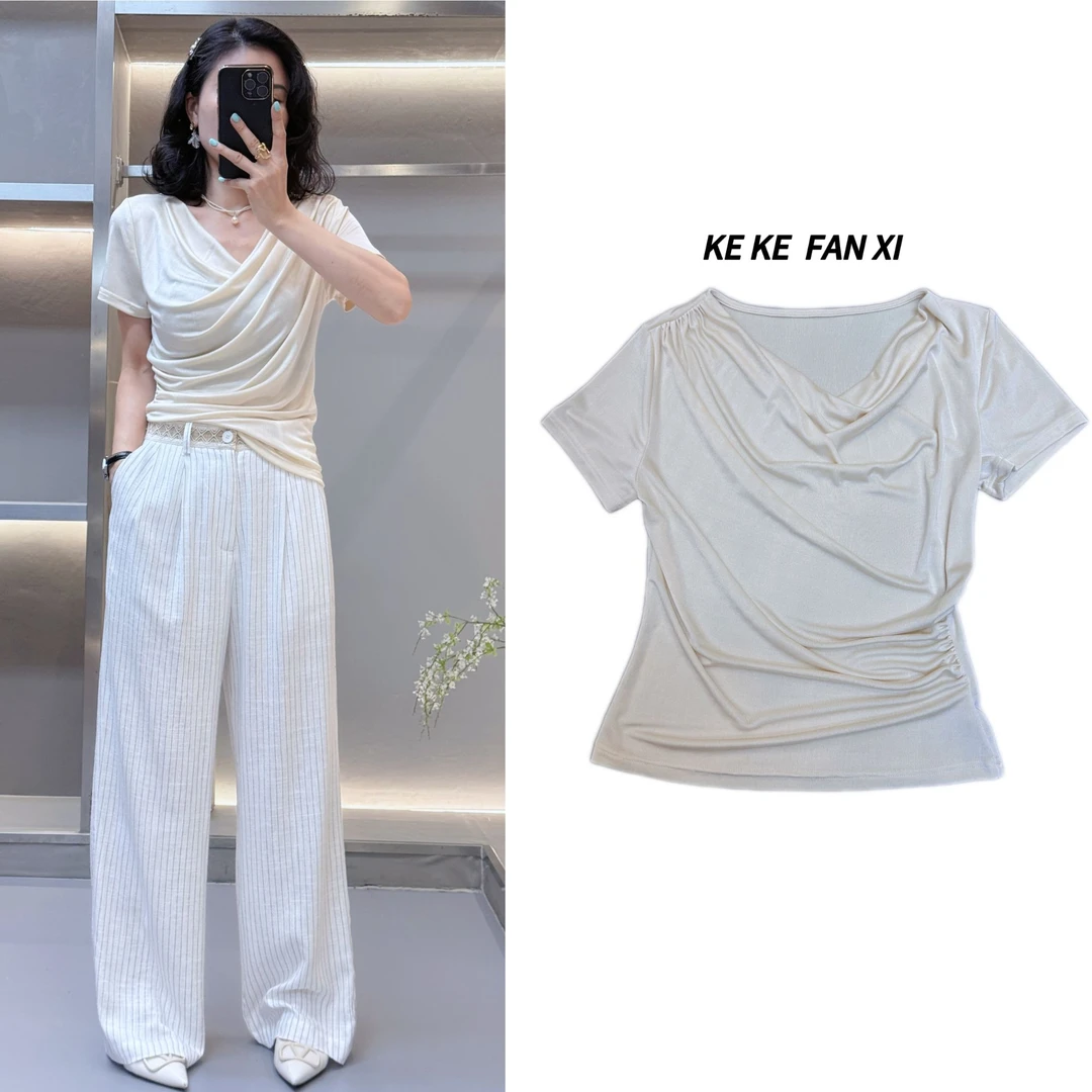 89755褶皱领口短袖T显瘦气质时尚夏季百搭不规则洋气设计感