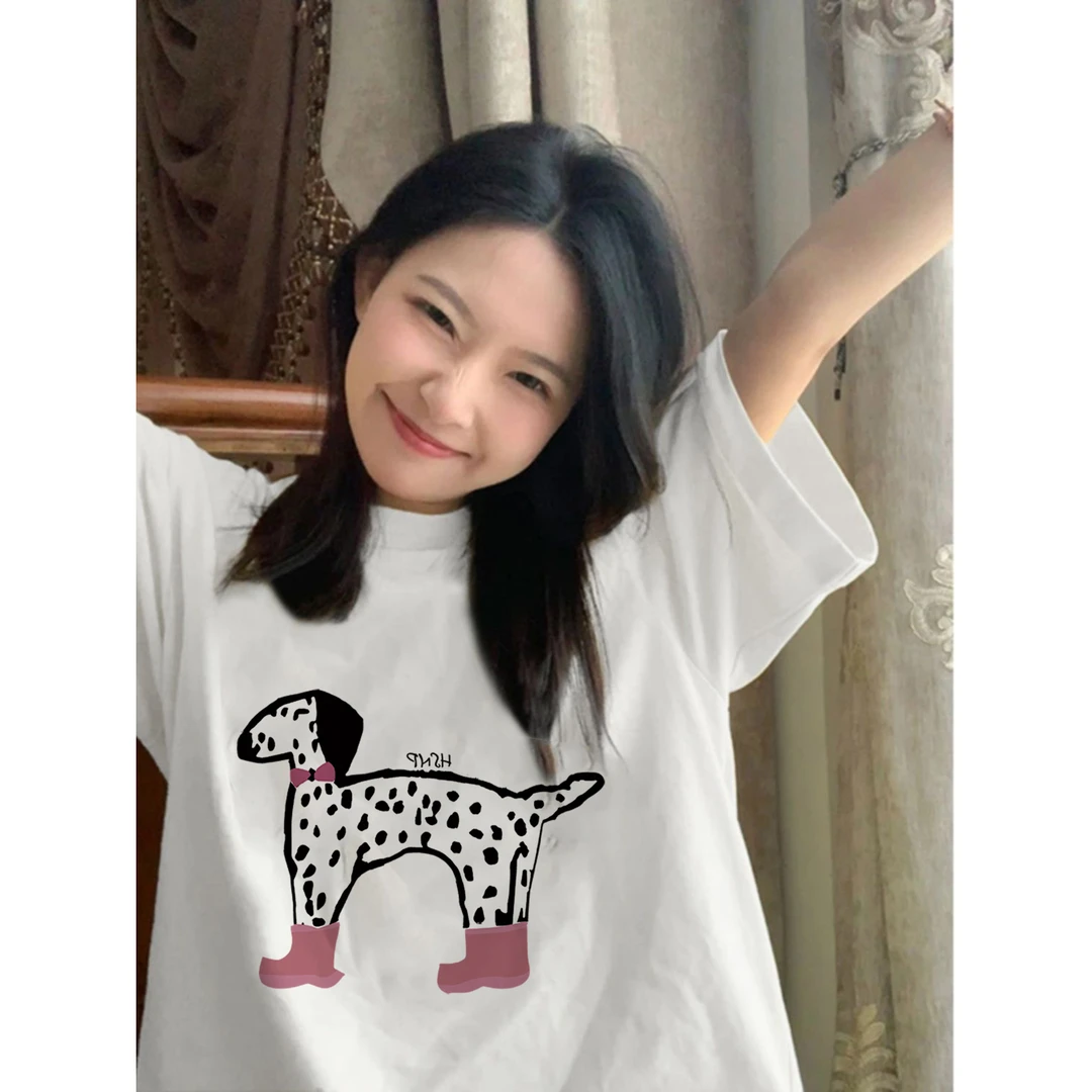 HSNP纯棉日系甜妹穿搭卡通印花白灰短袖t恤女小个子宽松百搭上衣