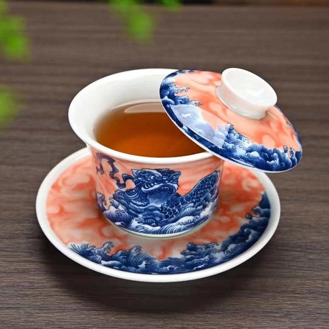 蓝醒狮釉下彩悬停三才盖碗家用主人杯陶瓷个人杯精致泡茶碗0752