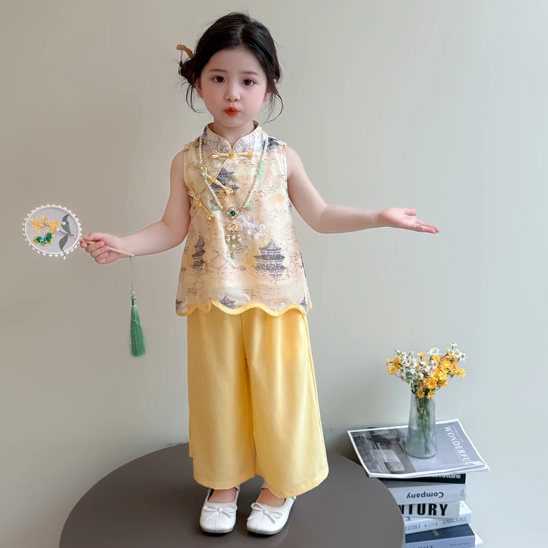 女童新中式套装夏季新款儿童国风背心阔腿裤女宝宝古风汉服两件套