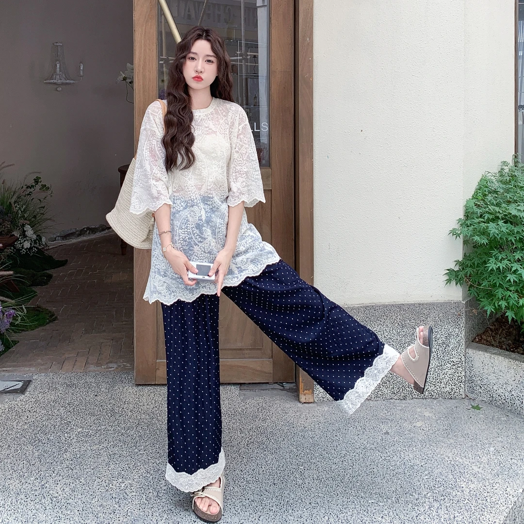 夏季轻薄蕾丝罩衫波点阔腿裤两件套女2025新款韩系慵懒松弛感套装