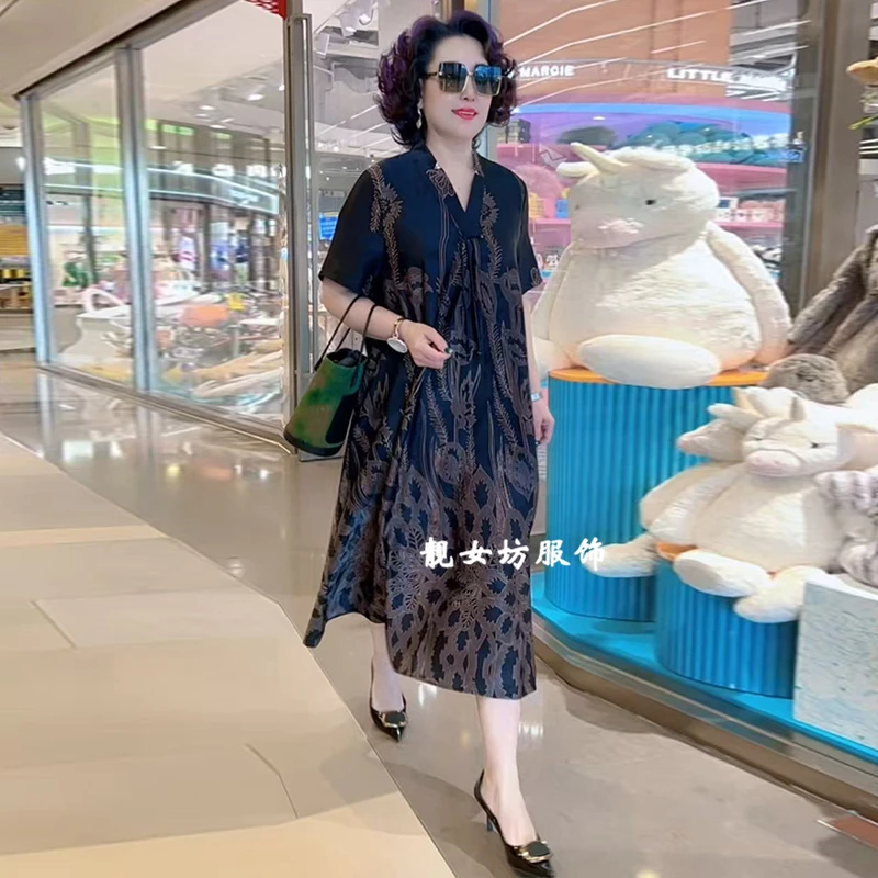 外贸款大码醋酸连衣裙夏季新款时尚洋气胖MM两百斤轻奢风中长裙子