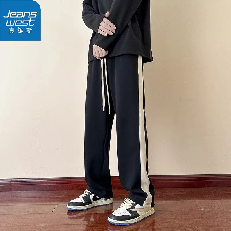 真维斯美式潮牌条纹休闲裤男生秋冬新款痞帅运动宽松直筒加绒卫裤