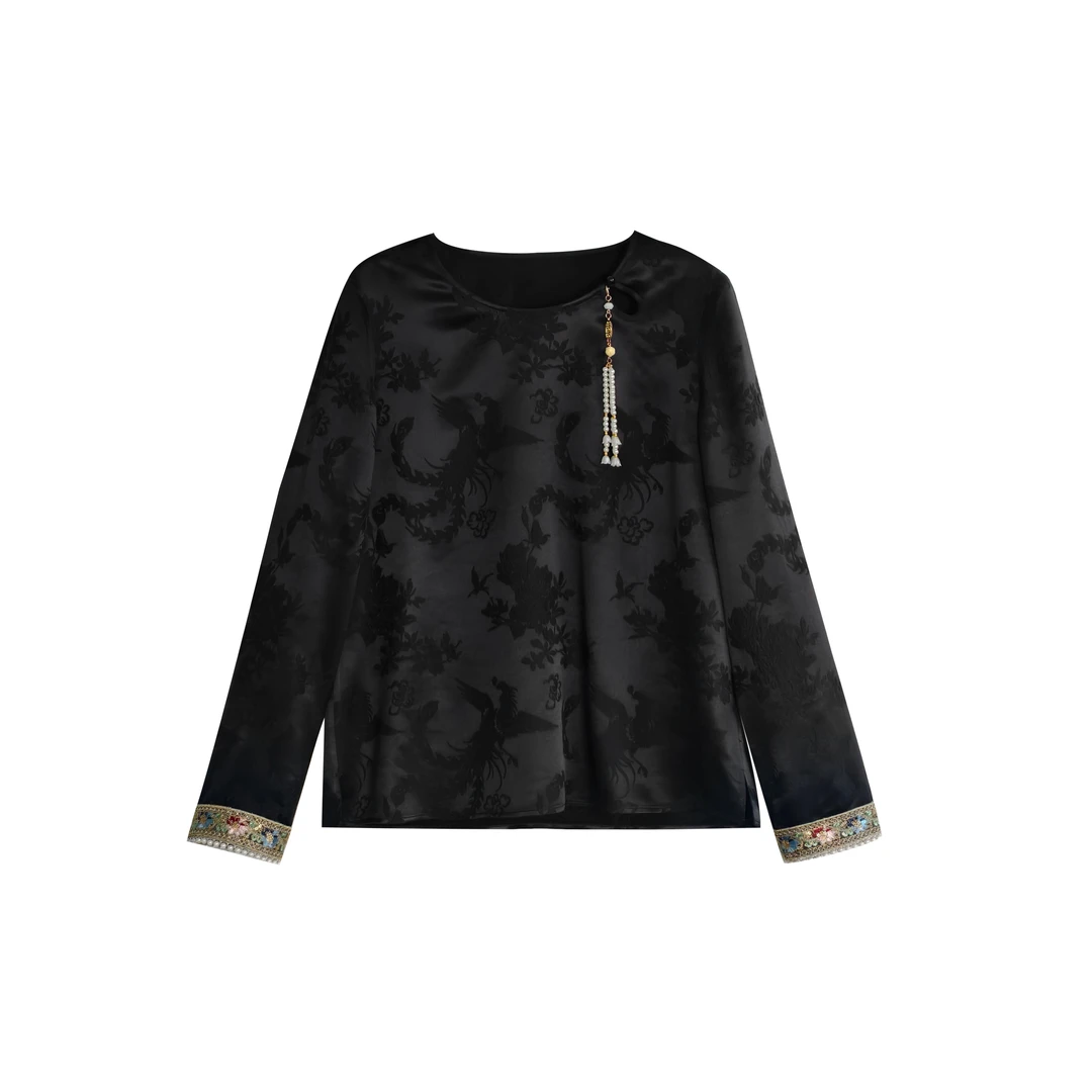 春景 新中式国风桑蚕丝圆领提花长袖休闲上衣 D2501