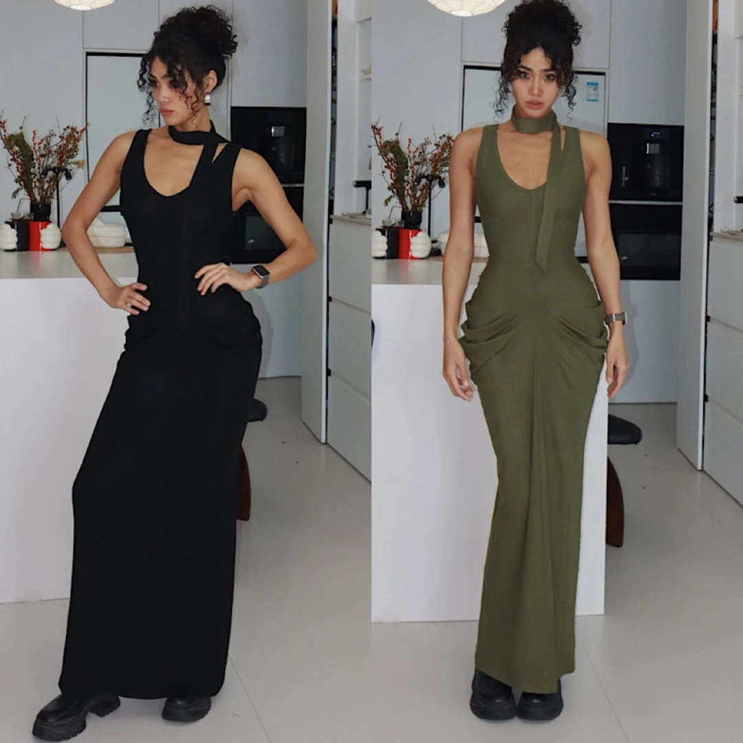 akiyo studio挂脖露背连衣裙显瘦设计感气质大摆裙性感小众裙