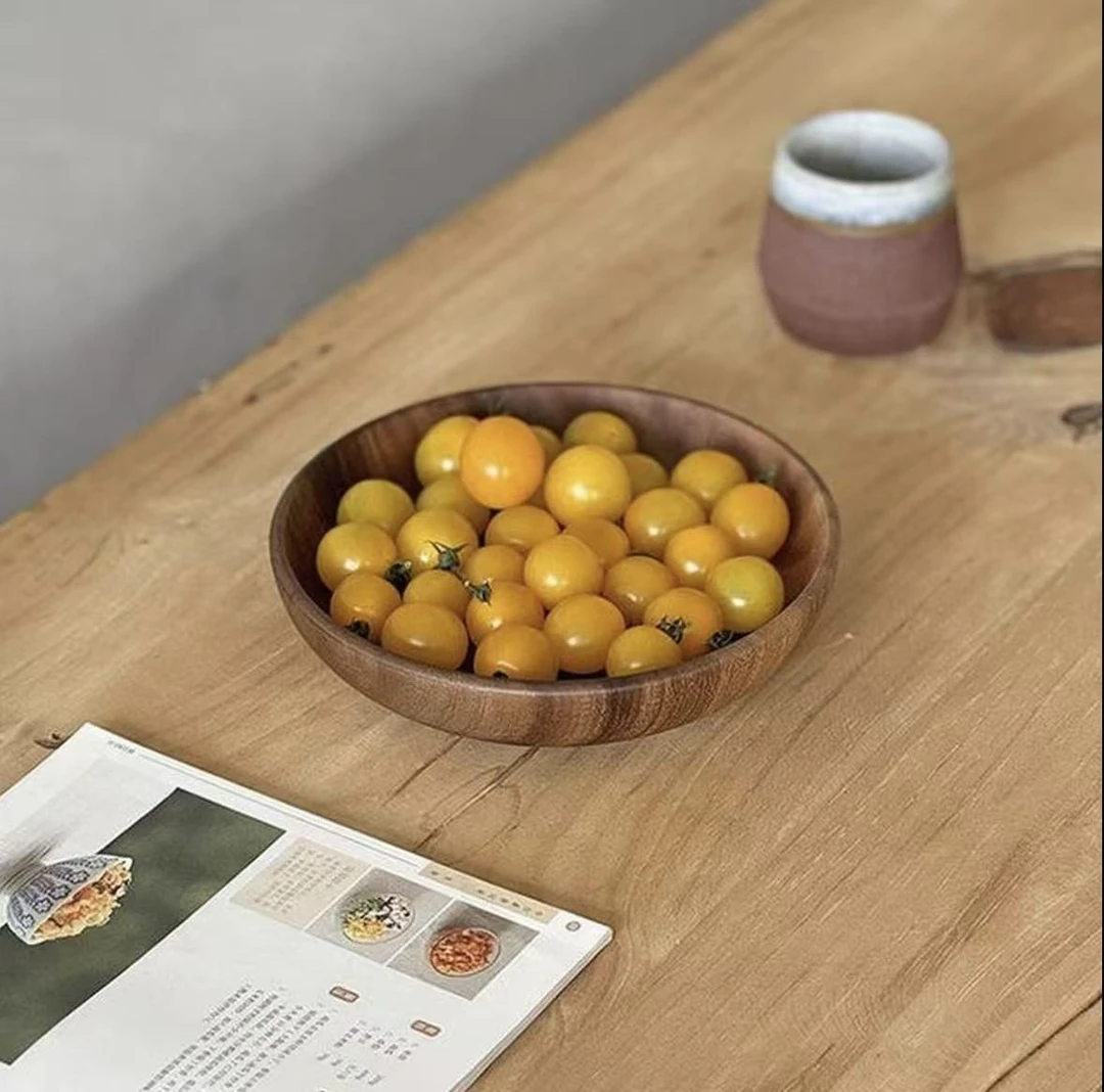 南美胡桃木整木大圆碗沙拉碗家用水果盒干果盒餐盘24*24*4cm