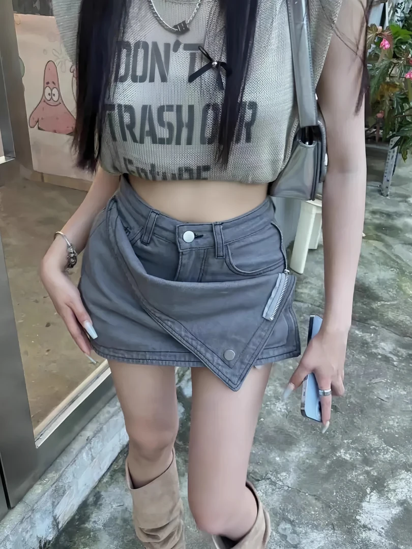 美式复古辣妹灰色牛仔裙女2025显瘦爆款设计感小众斜拉链短裙