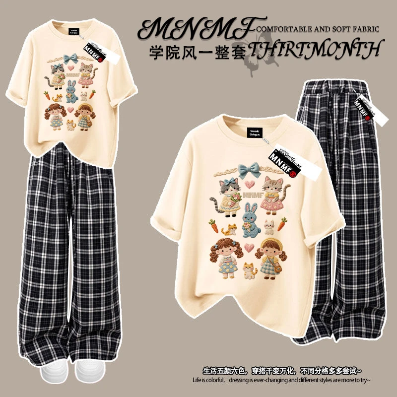 夏季原宿风套装女童短袖格子裤卡通印花中大童宽松潮流ins两件套