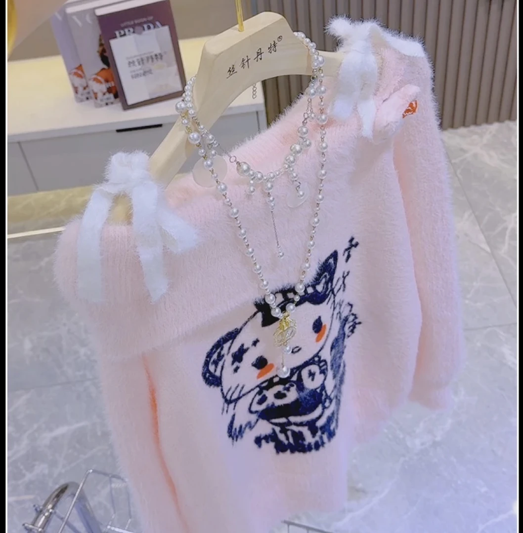 8甜酷猫露肩毛衣女秋冬加厚软糯针织衫一字肩上 衣