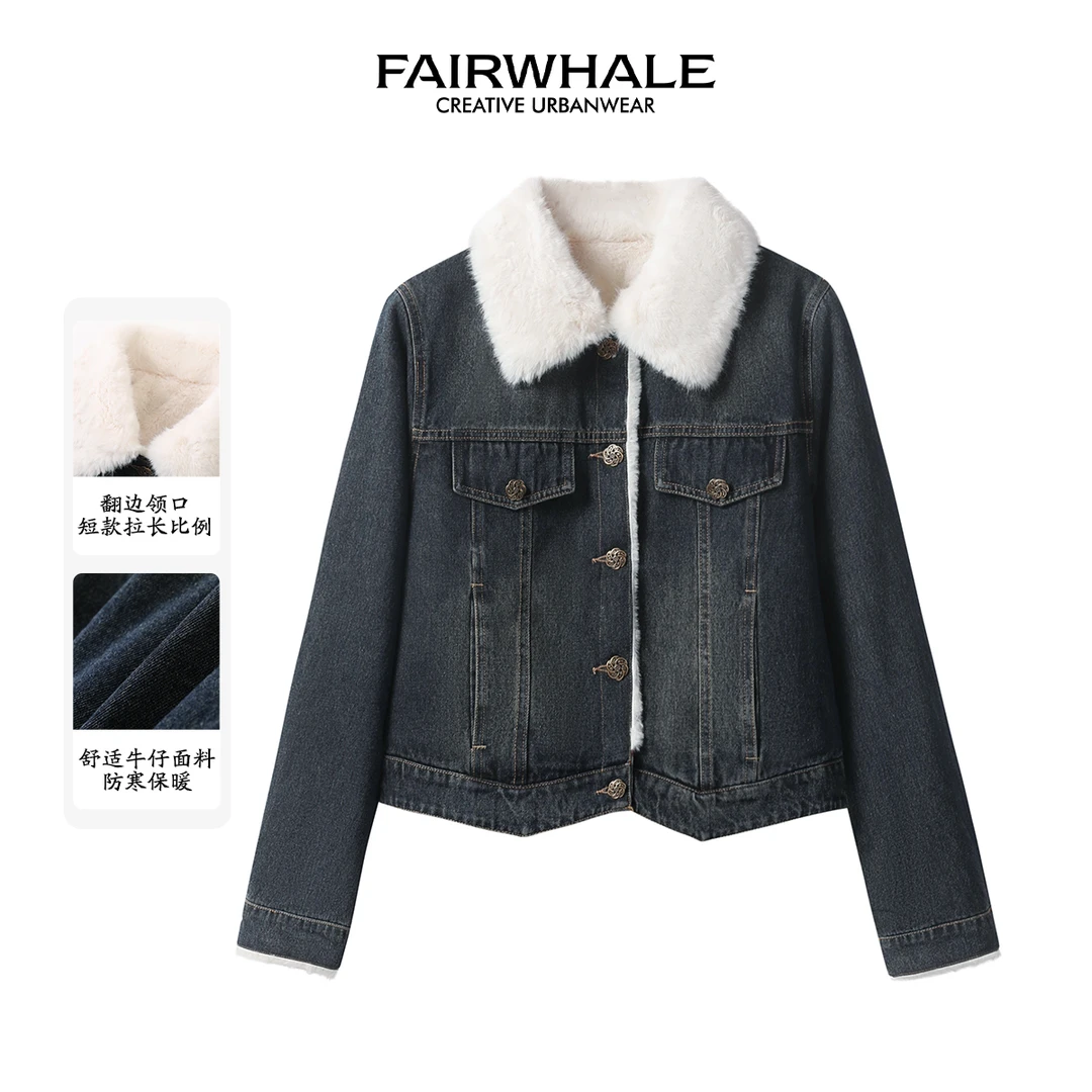 【马克华菲专场】马克华菲女装翻领牛仔拼接厚款外套 F44010A004