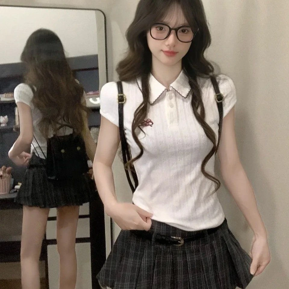 套装女2025夏季新款韩系学院风修身显瘦Polo领T恤上衣高腰半身裙