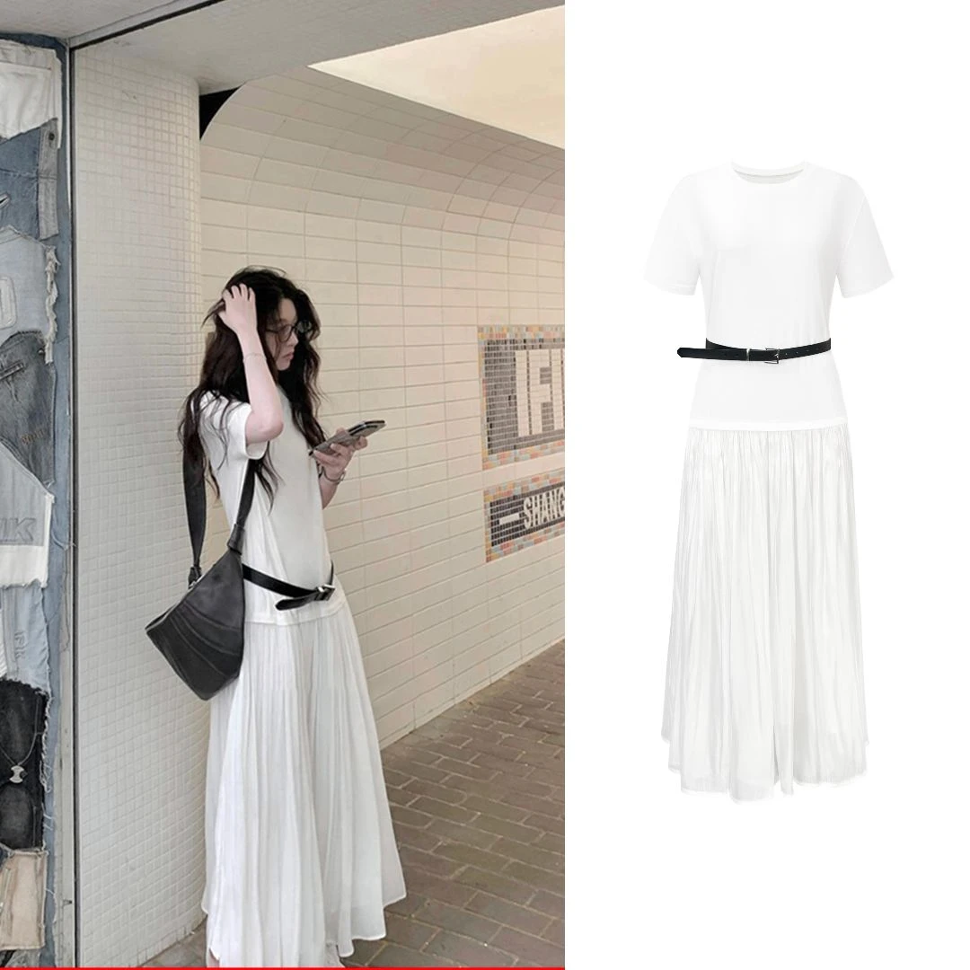 【自由流沙】 休闲感圆领T恤拼接重工雪纺连衣裙H 8755#