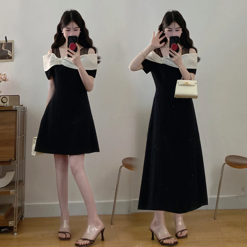 大码胖mm赫本风法式设计感洋气露肩拼接连衣裙韩版显瘦收腰长裙女