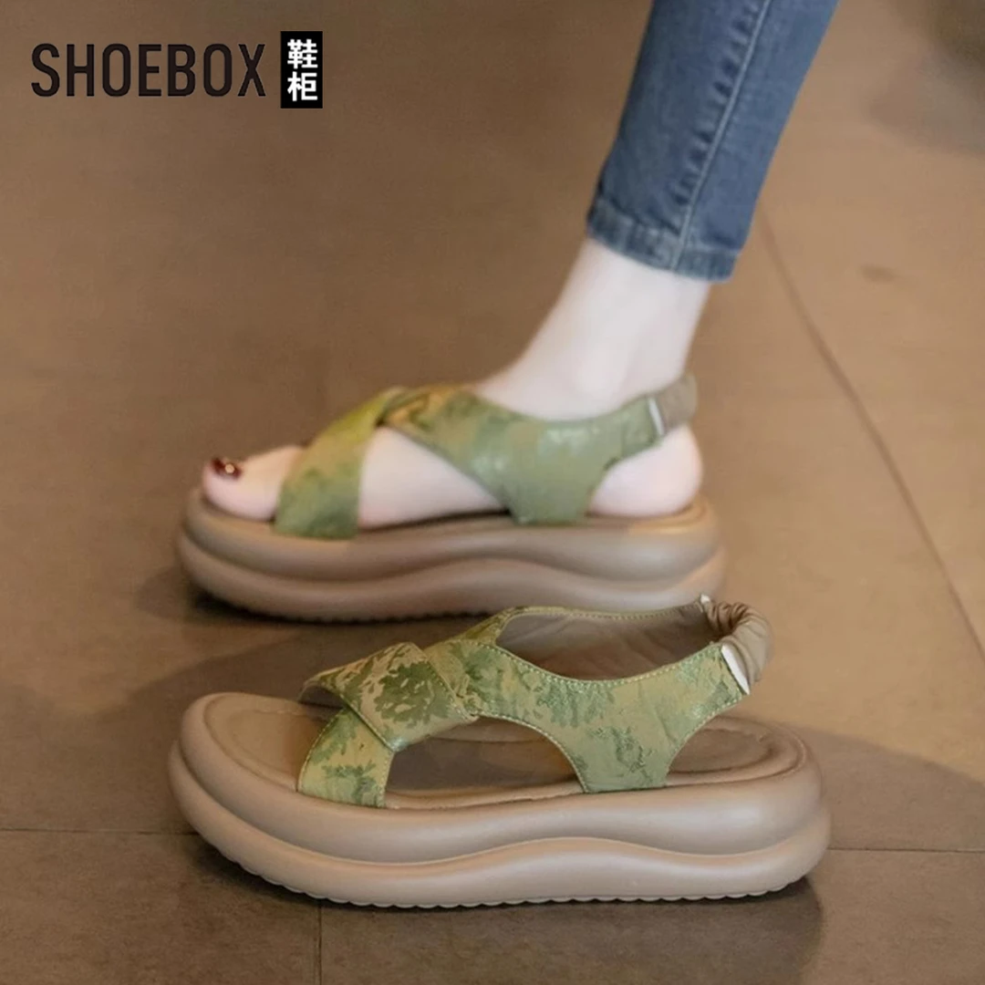 SHOEBOX鞋柜绝美厚底凉鞋女夏2025新款中式国风休闲罗马沙滩鞋子
