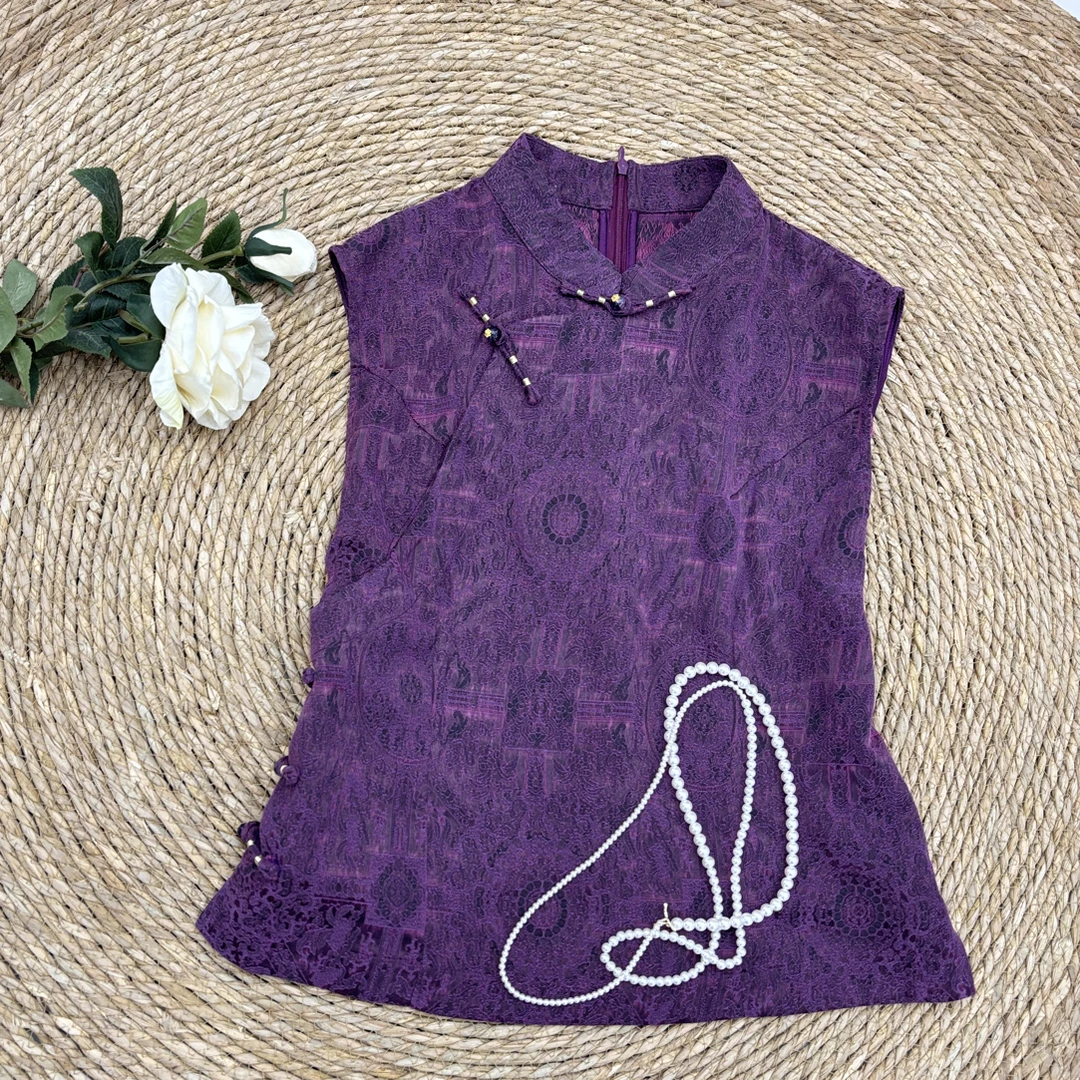 新中式复古印花优雅显瘦百搭香云纱无袖上衣（不可机洗）