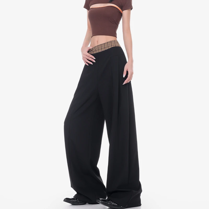 【五折福利】KEN STUDIO夏季黑色格纹腰头拼接西装裤宽松垂感休闲裤