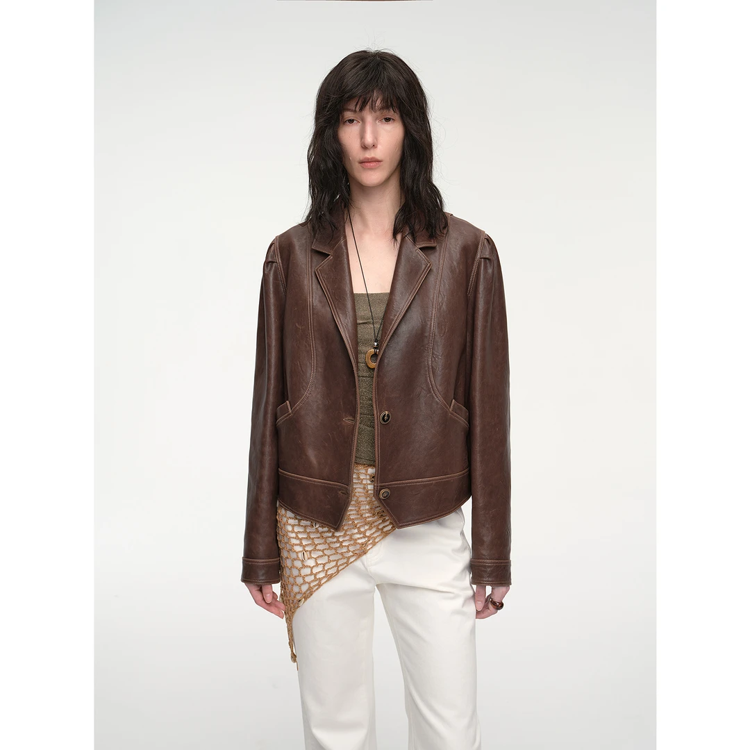 [实穿新复古]付智恩 复古旧事  复古感油蜡皮短款皮衣外套