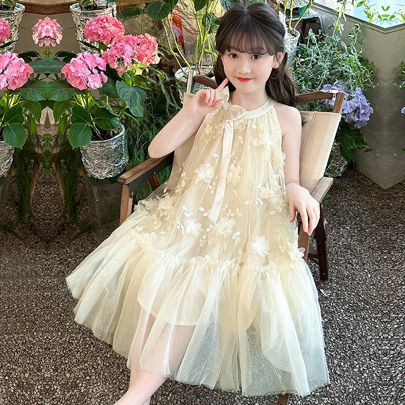 女童连衣裙2025夏季高级感生日礼服公主裙儿童挂脖花朵网纱吊带裙