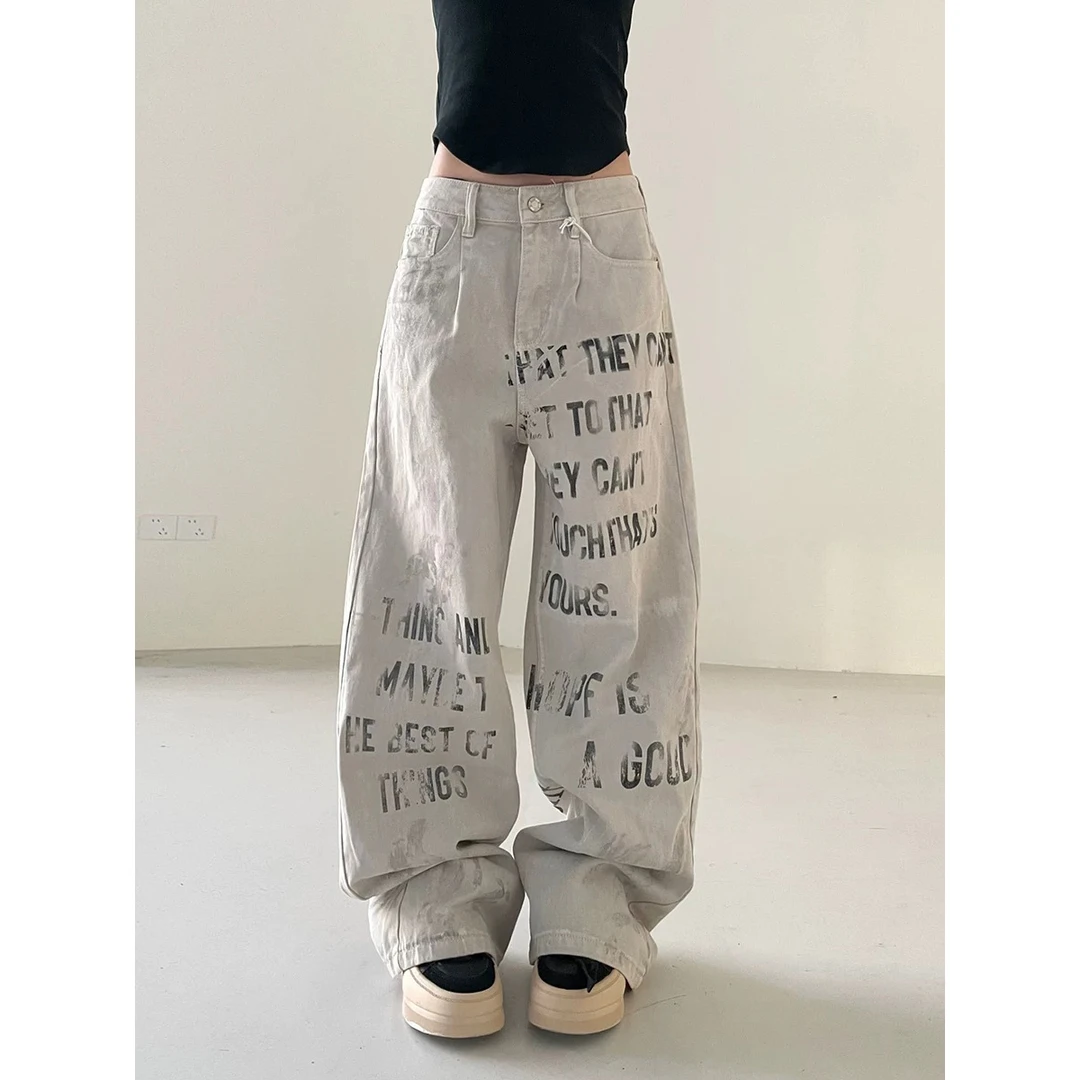 AIBODUO 美式复古水洗字母印花牛仔裤男女秋季宽松直筒拖地休闲裤