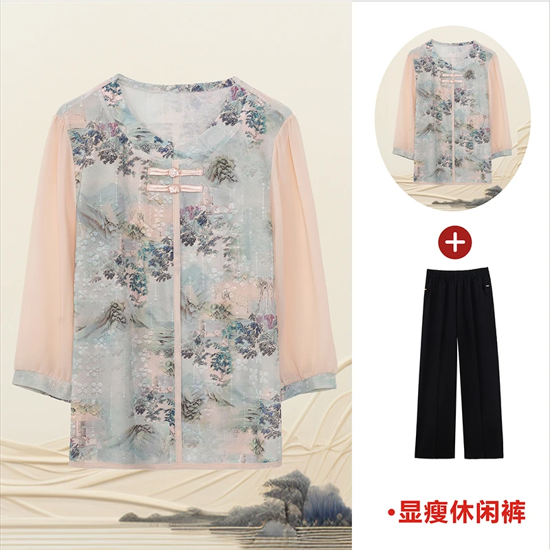 洋气妈妈装七分袖上衣中老年气质春夏季时尚印花套装