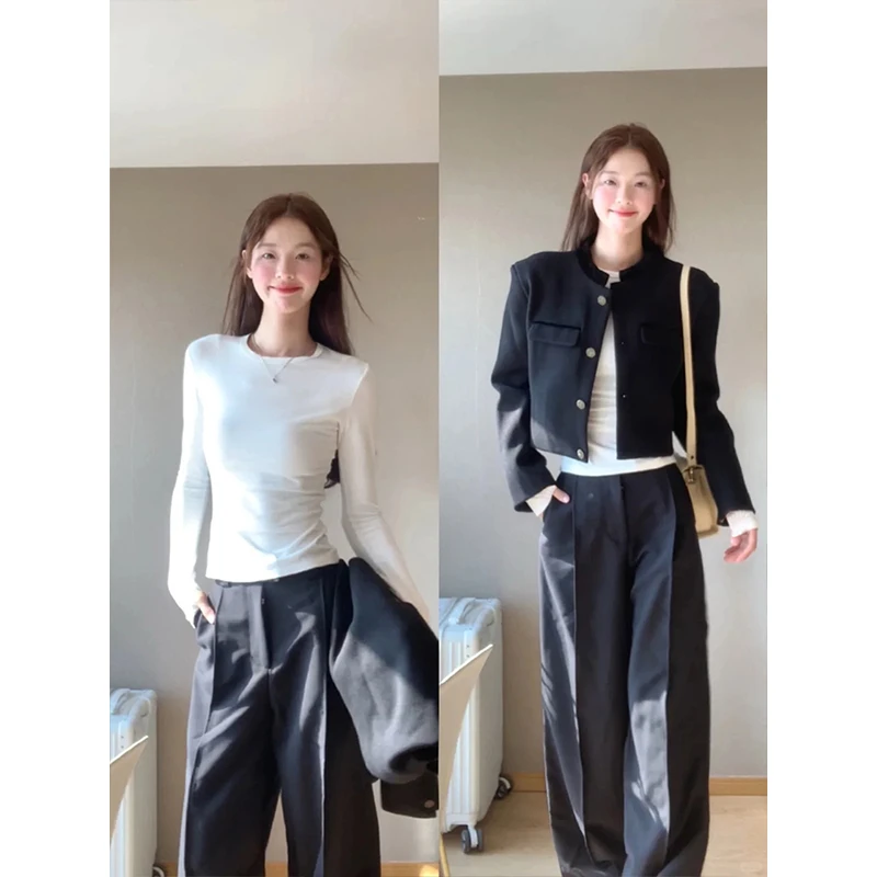 白色内搭长袖上衣女t恤修身早秋短款薄打底衫小香风紧身圆领秋衣