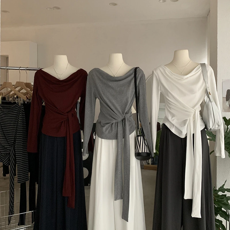 OML 早秋韩系荡领设计感绑带收腰百搭显瘦长袖纯色T恤上衣