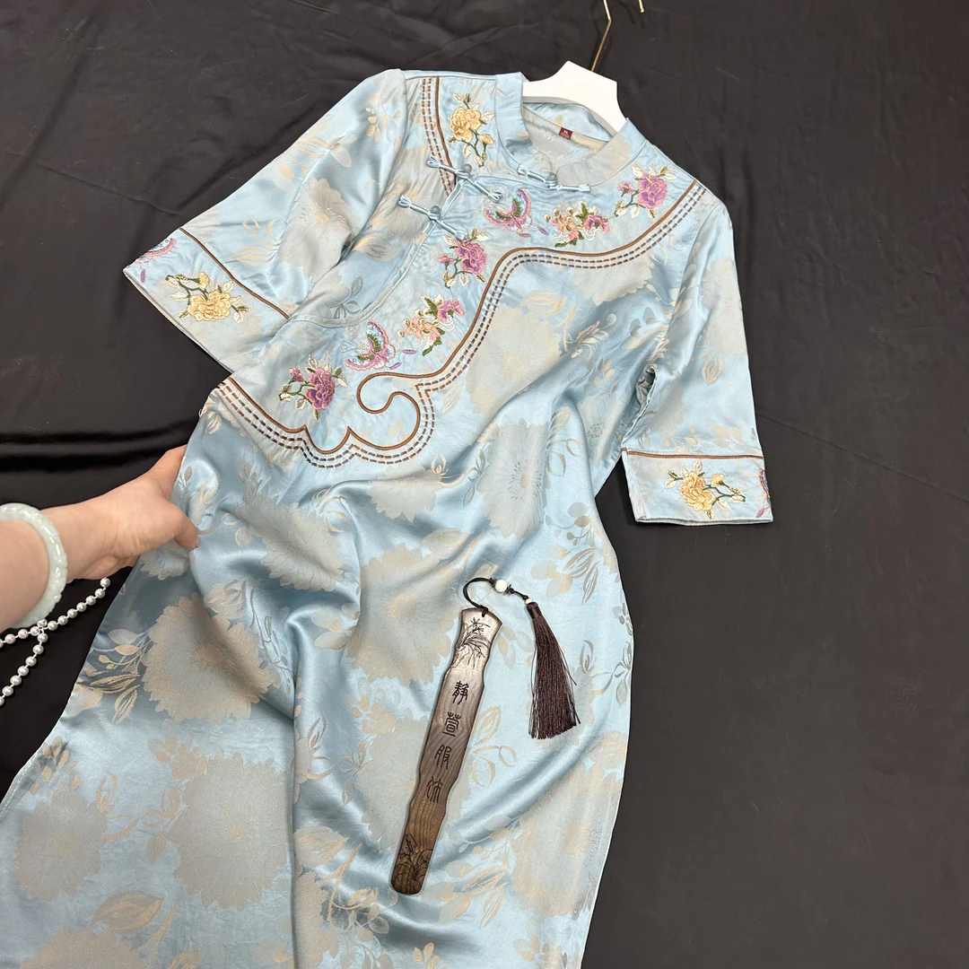 3036《玉洇蓝庭》常熟春夏新款重磅设计师款气质新中式国风连衣裙