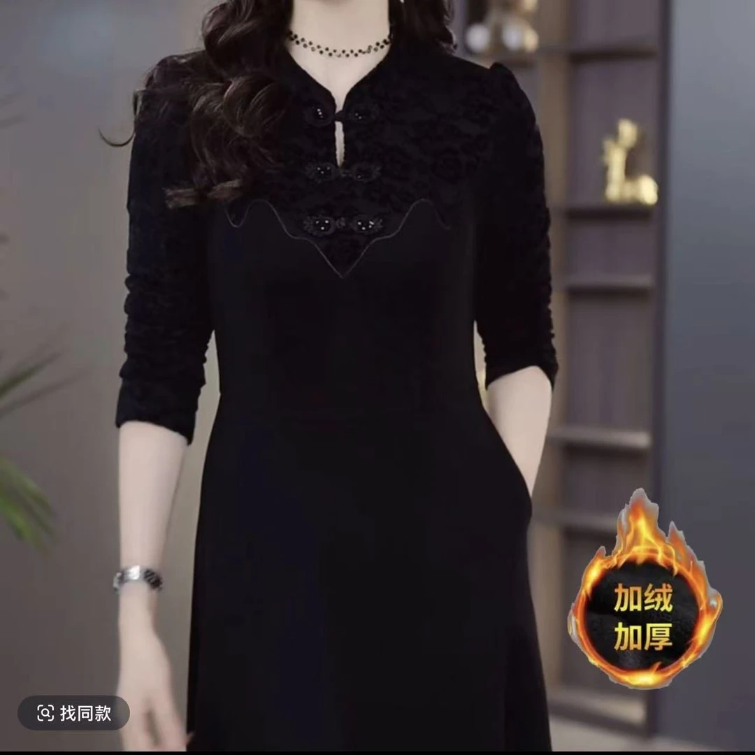 绒加绒改良旗袍裙2025秋冬新款女装复古风高雅加绒打底裙子