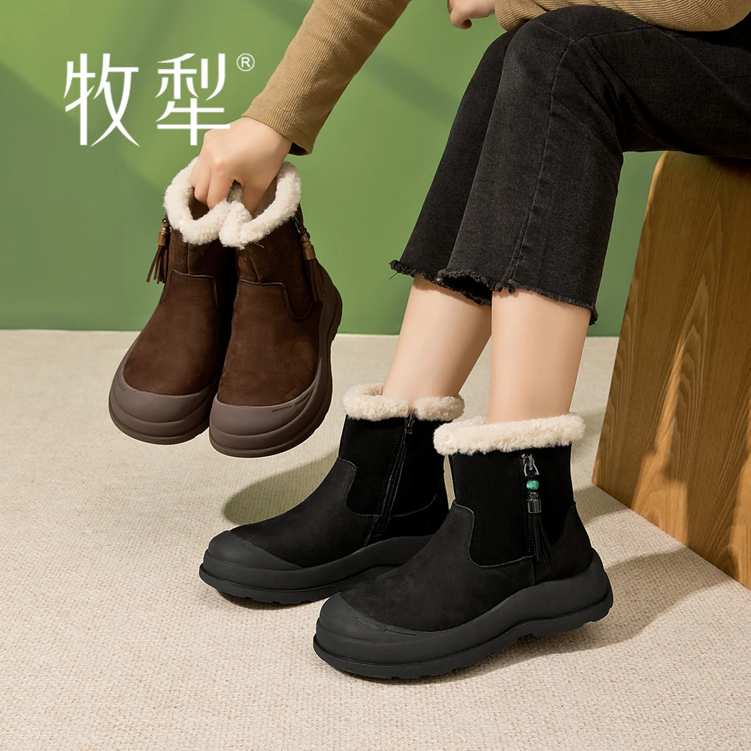 牧犁冬季新款防滑厚底增高舒适加绒保暖平底雪地靴简约百搭女短靴