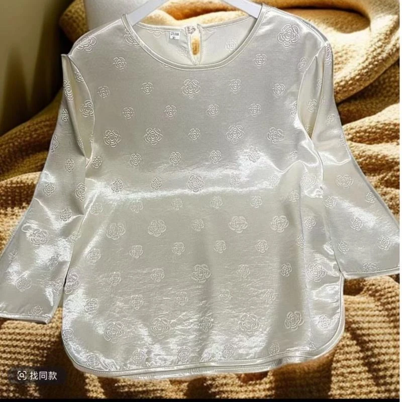 中式国风复古打底衫暗纹压花时尚显瘦百搭上衣圆领妈妈装小衫T恤