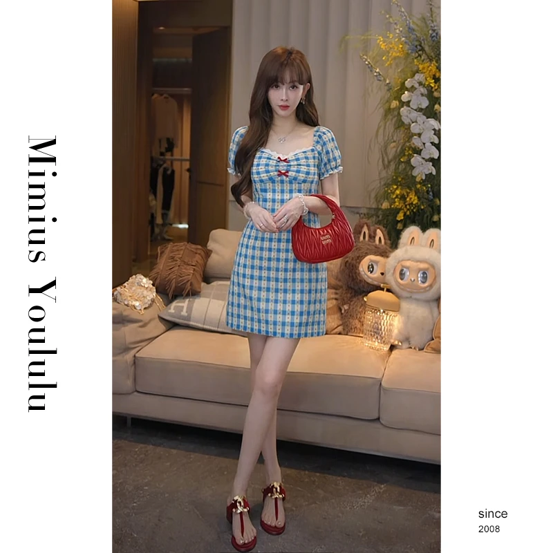 【mimius】喵喵 童话田园风撞色收腰泡泡袖连衣裙（后松紧） G04514